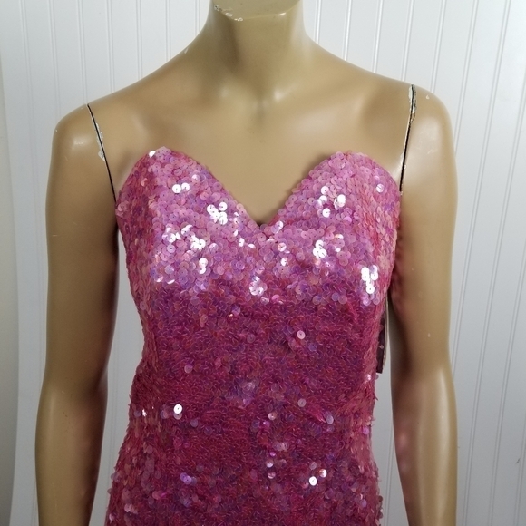 Modi NWT Strapless Mini Dress All Over Heavily Sequin Hot Pink Sweetheart Large - Picture 3 of 11